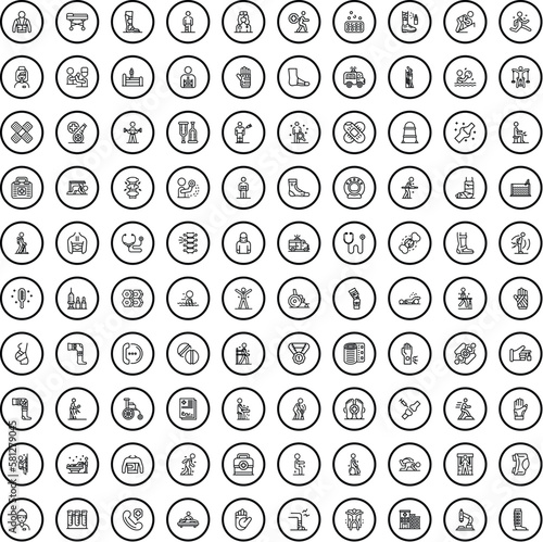 100 injury icons set. Outline illustration of 100 injury icons vector set isolated on white background