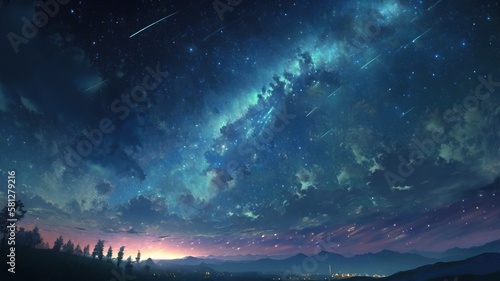 Night sky with stars and clouds. Space art background. Dreaming of stars surreal illustration wallpaper. Generative AI.