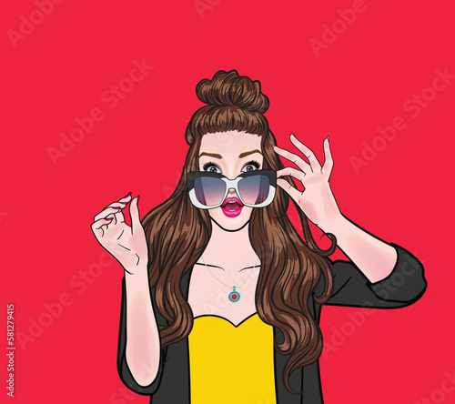 Surprised pop art girl in hipster glasses, advertising poster or party invitation with sexy girl in club opening mouth in cartoon style. Illustration