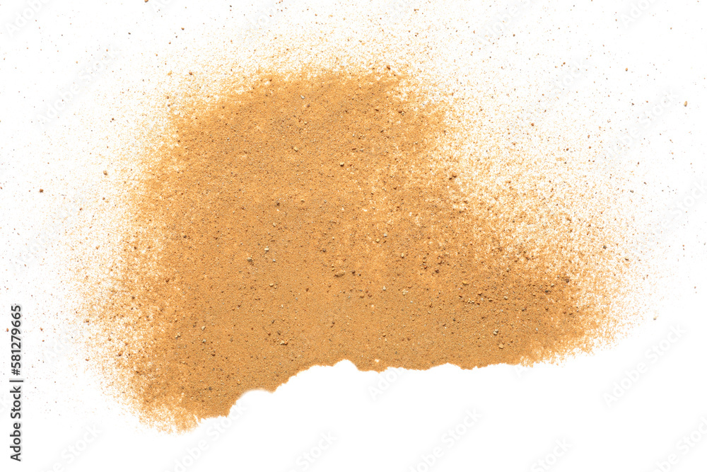 Pile of brown dust scattered on white background, top view Pile of brown dust scattered on white background, top view