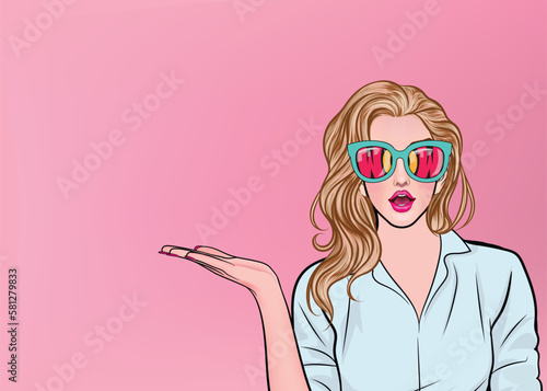 Surprised pop art girl in hipster glasses, advertising poster or party invitation with sexy girl in club opening mouth in cartoon style. Illustration