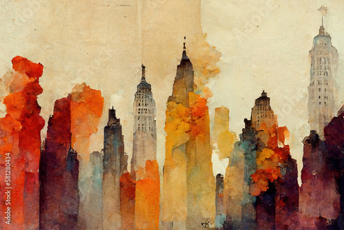 New York Skyline - Watercolor Illustration. Generative AI.