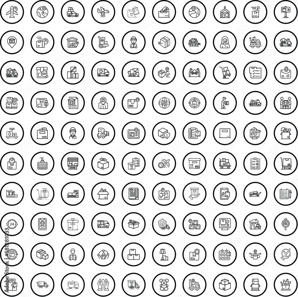 100 logistics icons set. Outline illustration of 100 logistics icons vector set isolated on white background 100 logistics icons set. Outline illustration of 100 logistics icons vector set isolated on white background