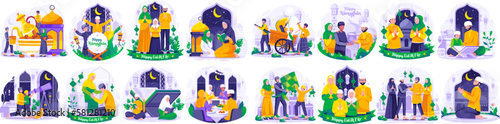 Huge Illustration Set of Ramadan concept with Muslim People greeting and celebrating Ramadan Kareem and Eid Mubarak. Greeting Each other and apologizing. Iftar Party. Reading Quran