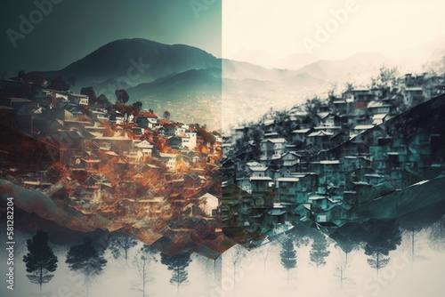 Tableau sur toile double exposure of cityscape and hillside on urban background, created with gene