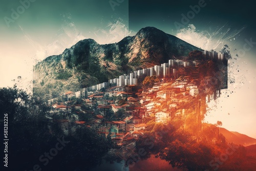Photographie double exposure of cityscape and hillside on urban background, created with gene