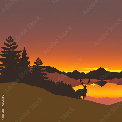 Cartoon sunset with trees and mountain landscape, Deer silhouette in front of the lake Generative AI, © GenerativeAI
