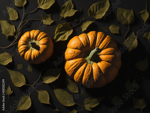 Two pumpkins flat-lay surrounded by green leaves, Generative AI