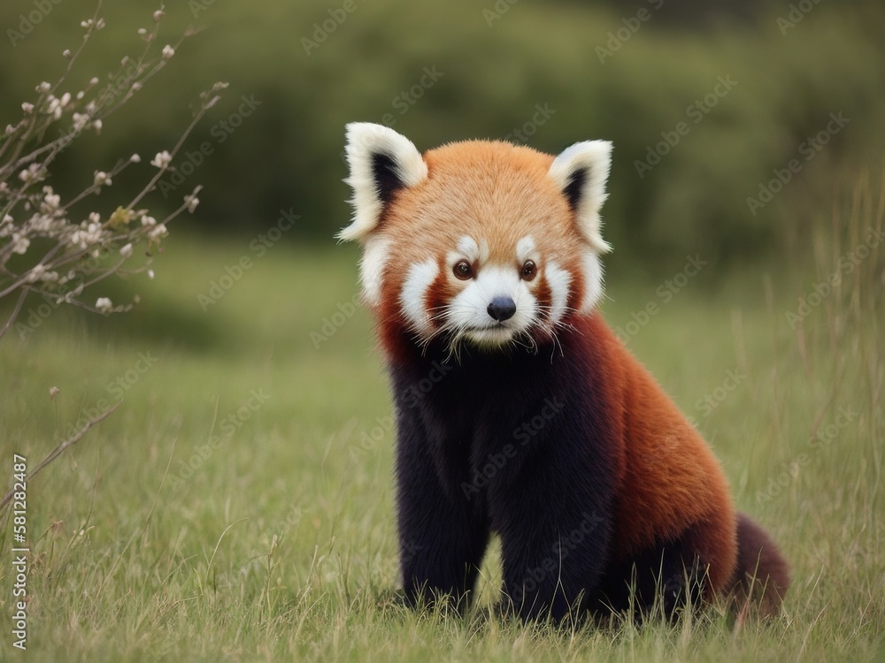 Obraz premium Cute baby red panda on a green field, Generative AI