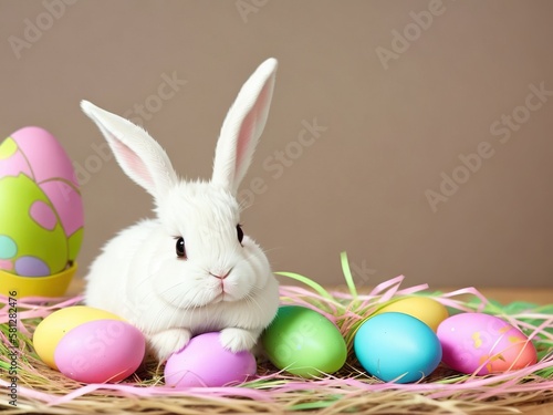 Cute Easter bunny with softly colored easter eggs  Generative AI