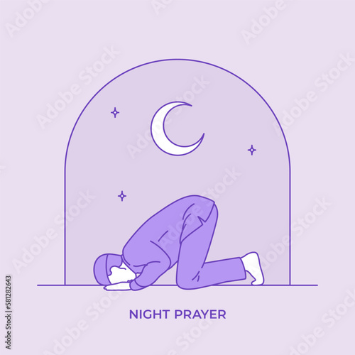 muslim man prostrate in the mosque at the midnight for tahajjud pray during ramadan month activity vector illustration design
