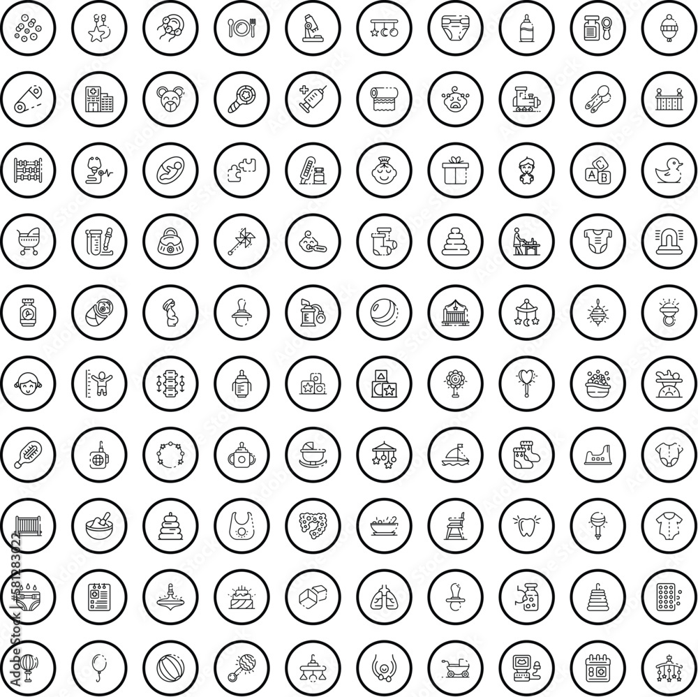 100 nursery icons set. Outline illustration of 100 nursery icons vector set isolated on white background