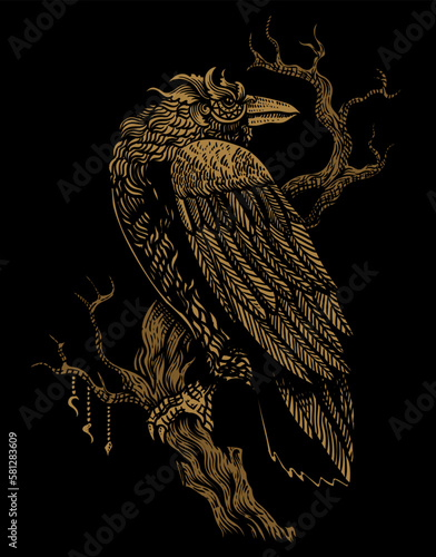 illustration scary crow bird with antique engraving style on black background