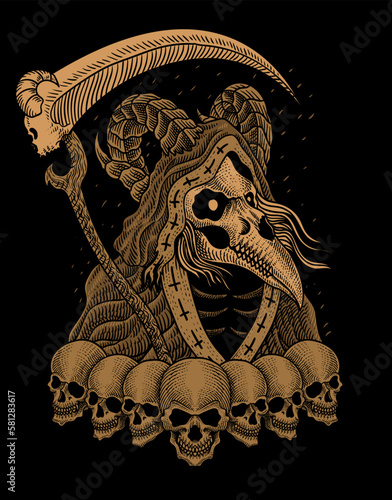 illustration scary grim reaper with engraving style on black background