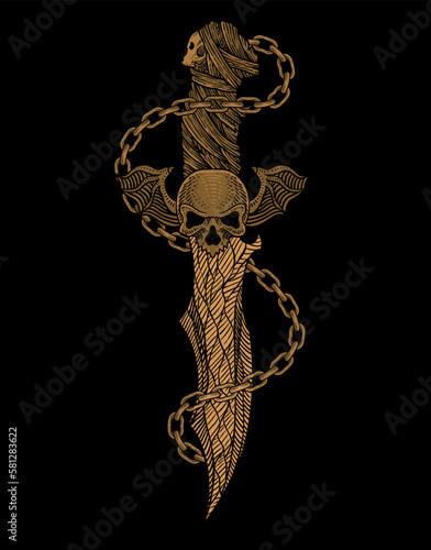 illustration demonic knife with chain on black background