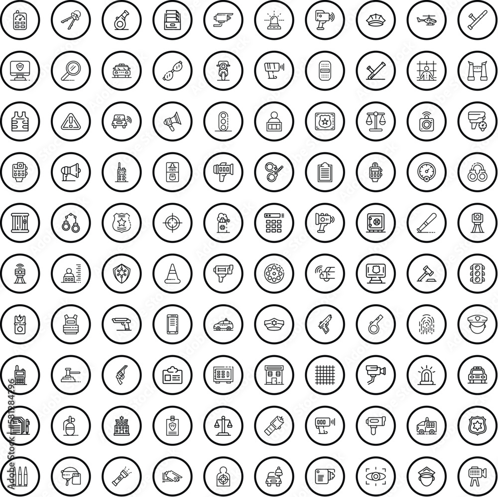 100 police icons set. Outline illustration of 100 police icons vector set isolated on white background - obrazy, fototapety, plakaty 