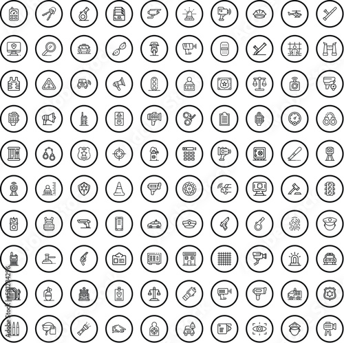 100 police icons set. Outline illustration of 100 police icons vector set isolated on white background