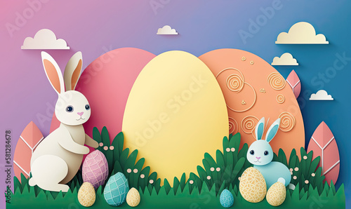 Paper cut easter eggs background with bunny, colorful easter background with copy space for text, easter wishes, greeting card and banner photo