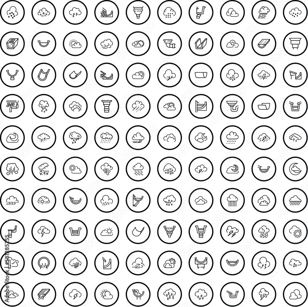 100 rain icons set. Outline illustration of 100 rain icons vector set isolated on white background