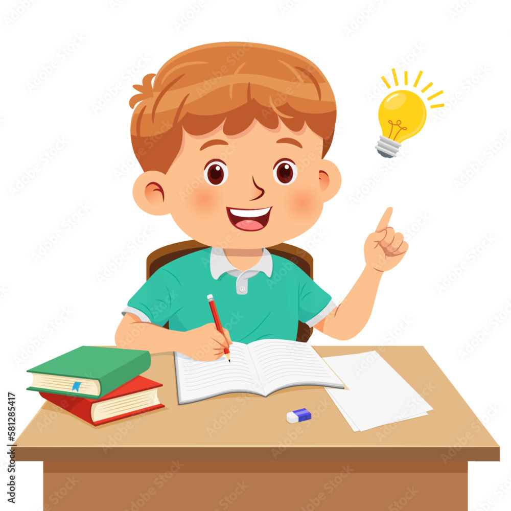 Cute little boy sitting at the desk doing his homework and having good idea for answers Cute little boy sitting at the desk doing his homework and having good idea for answers
