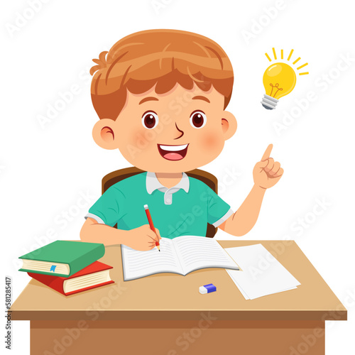 Cute little boy sitting at the desk doing his homework and having good idea for answers