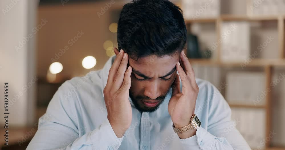 Headache, stress and man at computer in night business with anxiety, problem and eye pain from glasses. Overtime, burnout and frustrated male employee working with fatigue, brain fog or mental health Headache, stress and man at computer in night business with anxiety, problem and eye pain from glasses. Overtime, burnout and frustrated male employee working with fatigue, brain fog or mental health