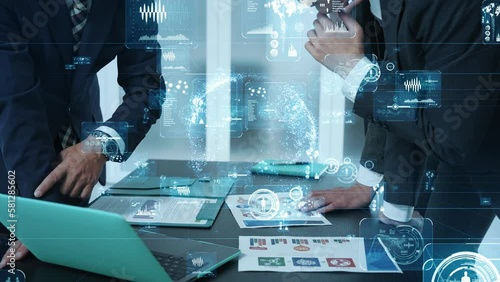 Group of people meeting in office and digital technology concept. Digital transformation.