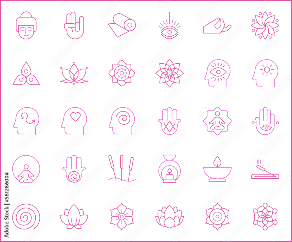 Simple Set of meditation Related Vector Line Icons. Vector collection of lotus, relaxation, wellness, zen, meditate, mind, asana and design elements symbols or logo element.