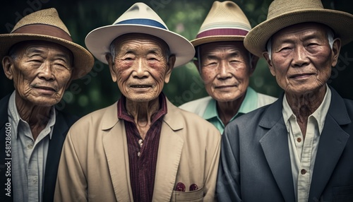 A Joyful Happy Beautiful Easter Display of Diversity: Asian Elderly men Sporting Easter Bonnets with Confidence and Smiles, Symbolizing Unity and Acceptance (generative AI)