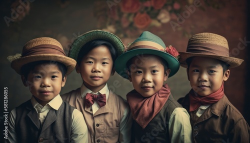 A Joyful Happy Beautiful Easter Display of Diversity: Asian Kids Boys Sporting Easter Bonnets with Confidence and Smiles, Symbolizing Unity and Acceptance (generative AI)