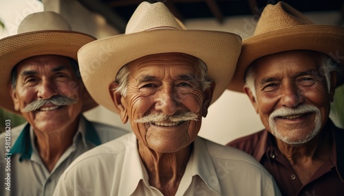 A Joyful Happy Beautiful Easter Display of Diversity: Hispanic Elderly men Sporting Easter Bonnets with Confidence and Smiles, Symbolizing Unity and Acceptance (generative AI)