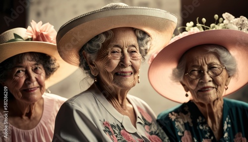 A Joyful Happy Beautiful Easter Display of Diversity: Hispanic Elderly Women Sporting Easter Bonnets with Confidence and Smiles, Symbolizing Unity and Acceptance (generative AI) © Get Stock