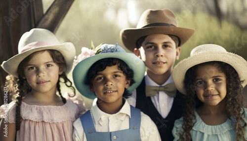 A Joyful Happy Beautiful Easter Display of Diversity: Hispanic Kids Boys and Girls Sporting Easter Bonnets with Confidence and Smiles, Symbolizing Unity and Acceptance (generative AI)