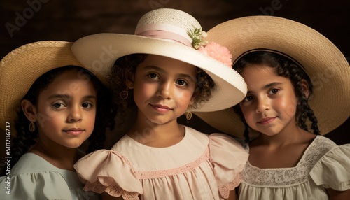 A Joyful Happy Beautiful Easter Display of Diversity: Hispanic Kids Girls Sporting Easter Bonnets with Confidence and Smiles, Symbolizing Unity and Acceptance (generative AI)