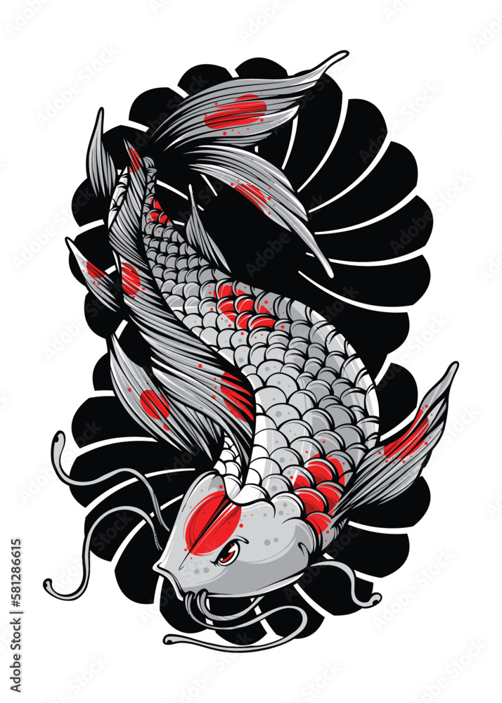 Obraz premium Koi Fish with Japanese Wave and Flowers Tattoo Japanese Illustration Style Isolated Vector. Editable Layer and Color.
