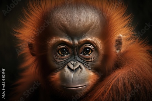 Young bornean orangutan (Pongo pygmaeus 18 m) in closeup. Generative AI photo