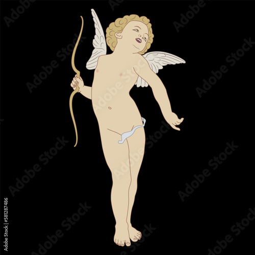 Standing Cupid or Amur holding a bow. Ancient Greek god of love Eros as a winged Putto angel child. On black background.