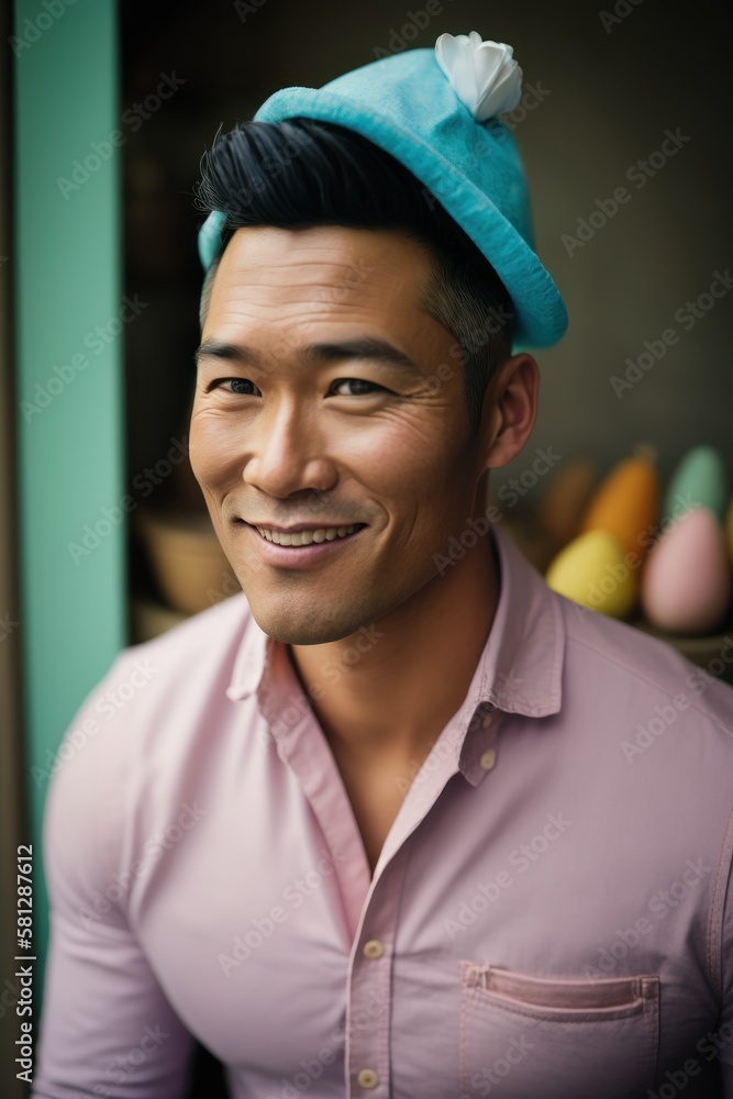 A Joyful Happy Beautiful Easter Display of Diversity: Asian Man Sporting Easter Bonnet with Confidence and Smiles, Symbolizing Unity and Acceptance (generative AI) A Joyful Happy Beautiful Easter Display of Diversity: Asian Man Sporting Easter Bonnet with Confidence and Smiles, Symbolizing Unity and Acceptance (generative AI)
