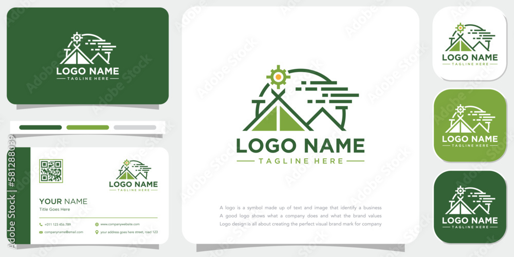 Logo for a camping company with a tent in a summertime with business card template.