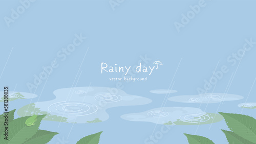Rainy day background with copy space. Vector illustration of puddles, leaves wet in the rain and a frog.