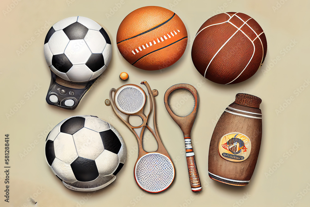 Sports equipment on paper background. Generative Ai Sports equipment on paper background. Generative Ai