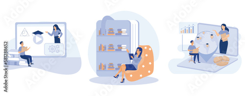 E-learning tools concept, Online courses, E-library, global online education, certificate diploma, content store access, individual learning plan, set flat vector modern illustration