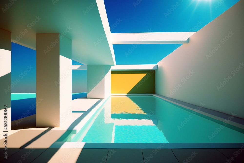 Swimming pool with contemporary architecture on sunny day. Generative AI illustration Swimming pool with contemporary architecture on sunny day. Generative AI illustration