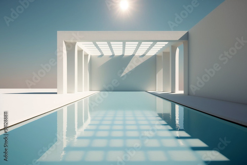 Swimming pool with contemporary architecture on sunny day. Generative AI illustration