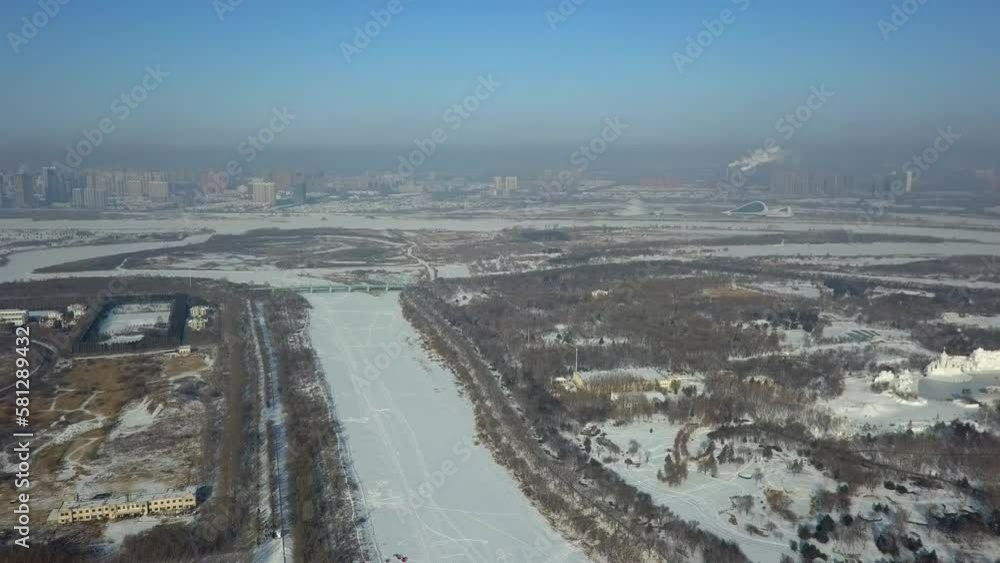 High winter aerial over ice cold northern Chinese city of Harbin High winter aerial over ice cold northern Chinese city of Harbin