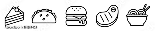 Conjunto de iconos de alimentos y comida rápida. Repostería, restaurante. Menú de comida. Ilustración vectorial