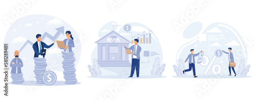 Money distribution concept, Income inequality, government spending, money lending, salary gap, country budget, bank credit, individual loan, set flat vector modern illustration
