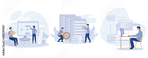 Database storage concept, Big data architecture developer, programming language, data science tools, software development, information visualization, set flat vector modern illustration