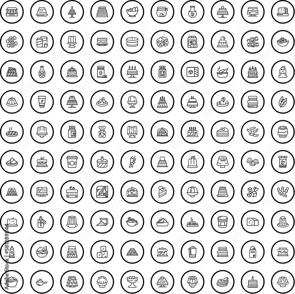 100 sweet icons set. Outline illustration of 100 sweet icons vector set isolated on white background 100 sweet icons set. Outline illustration of 100 sweet icons vector set isolated on white background