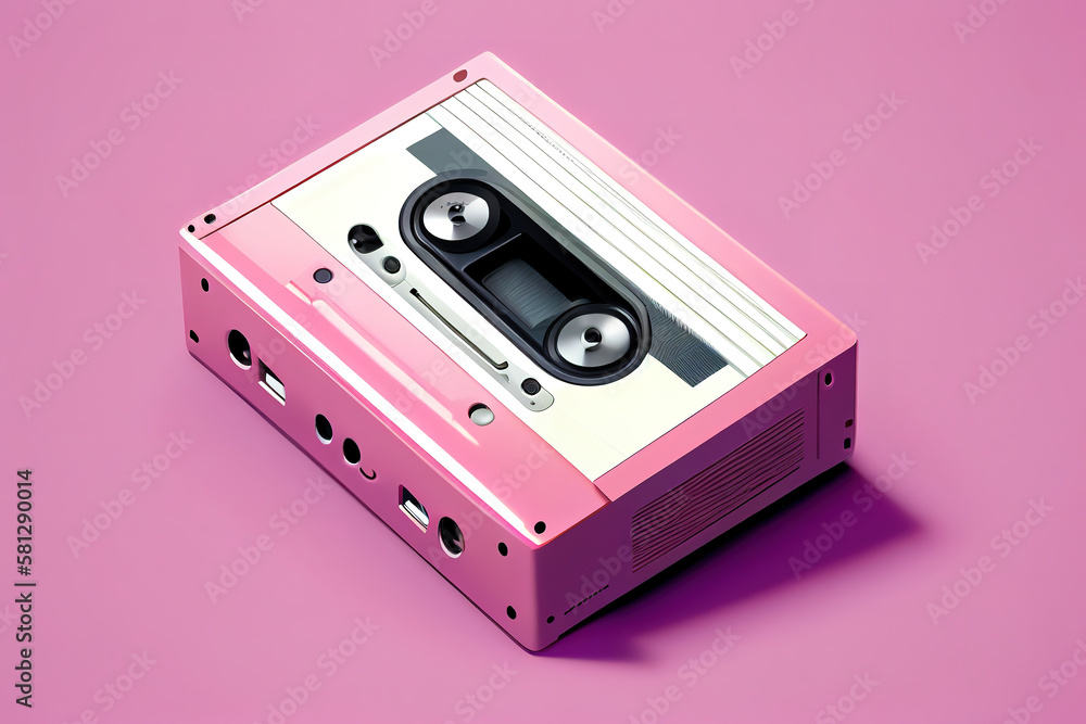 Obraz premium Retro walkman and headphones on pink background. Generative Ai